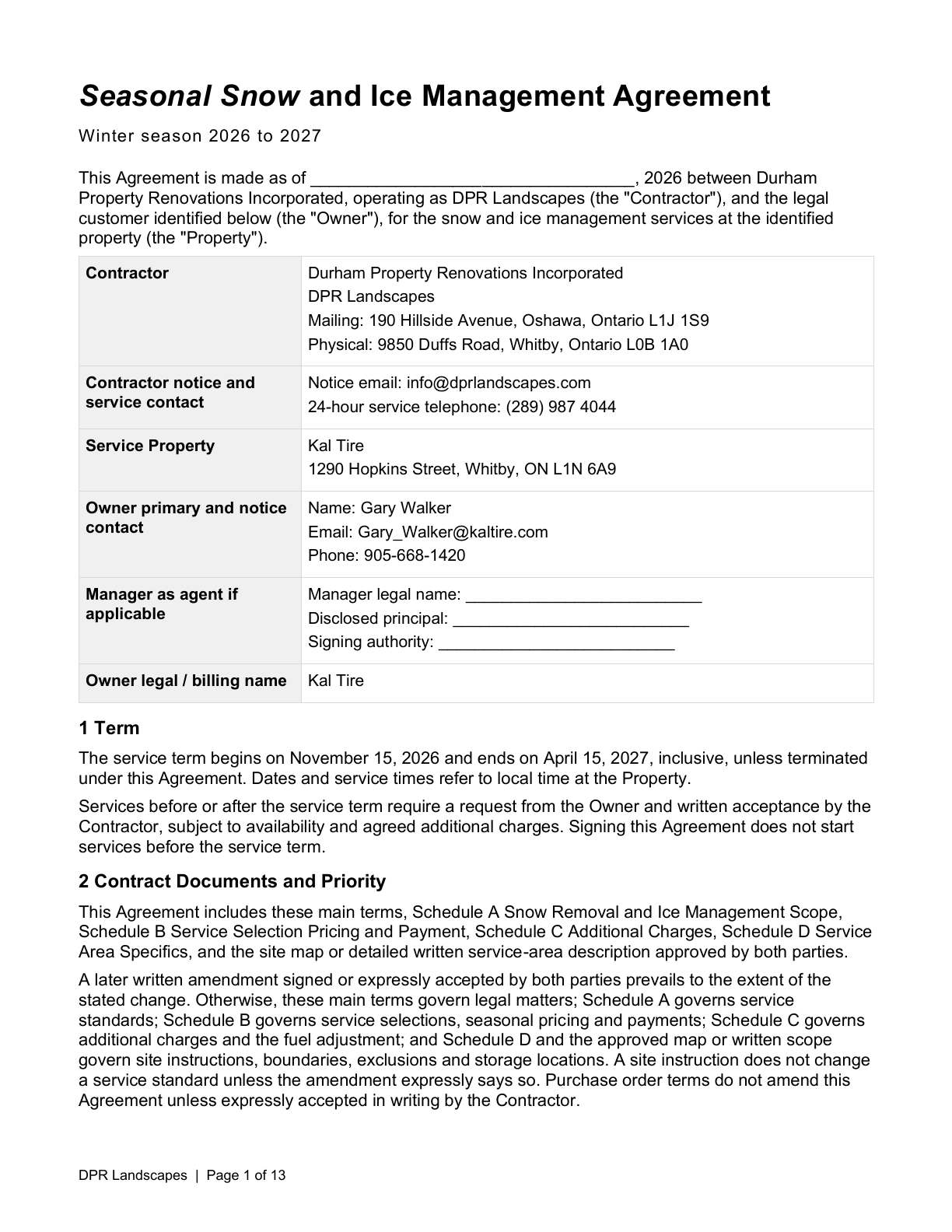 First page of the DPR-2627-004 winter service agreement for 1290 Hopkins Street